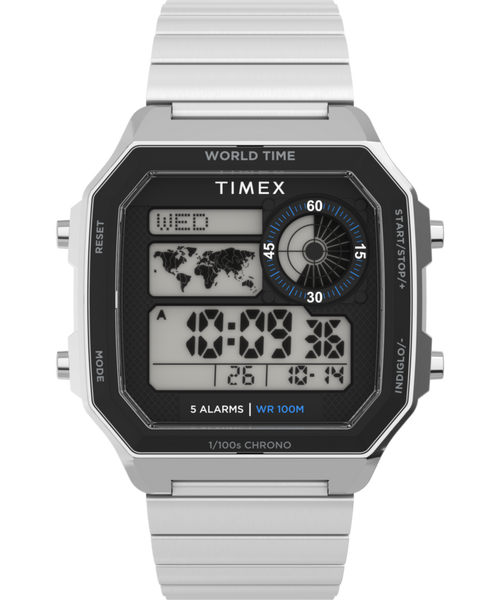 World Time Digital 40mm Stainless Steel Bracelet Watch
