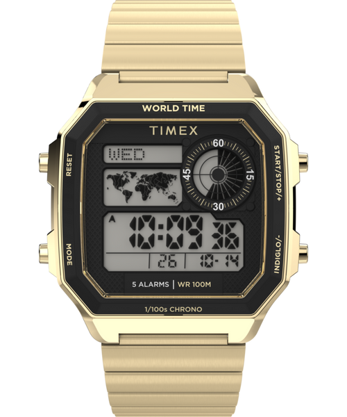 World Time Digital 40mm Stainless Steel Bracelet Watch