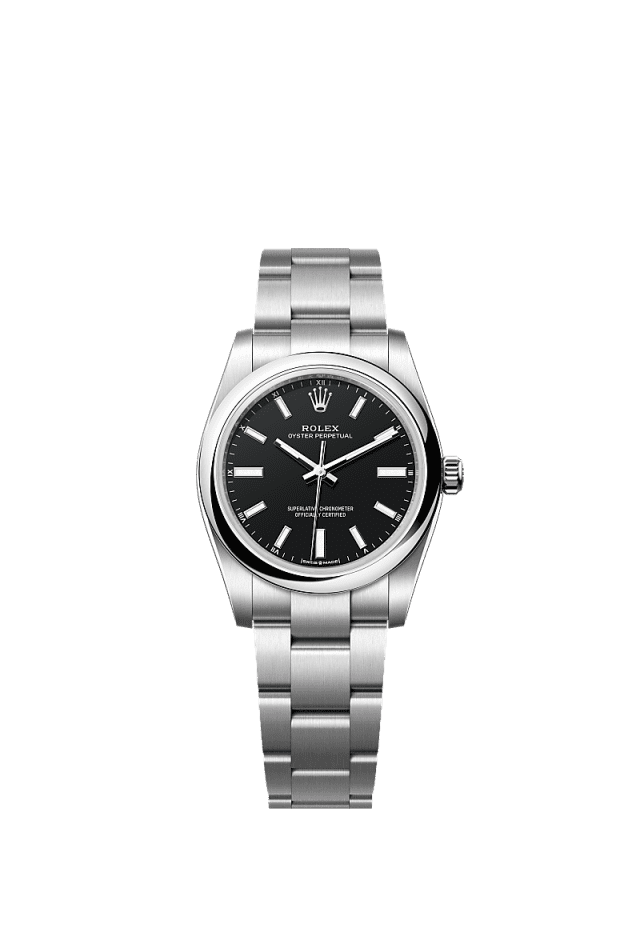 Unworn 2025, Oyster Perpetual, Oystersteel, 34mm, Black dial, Domed Oyster