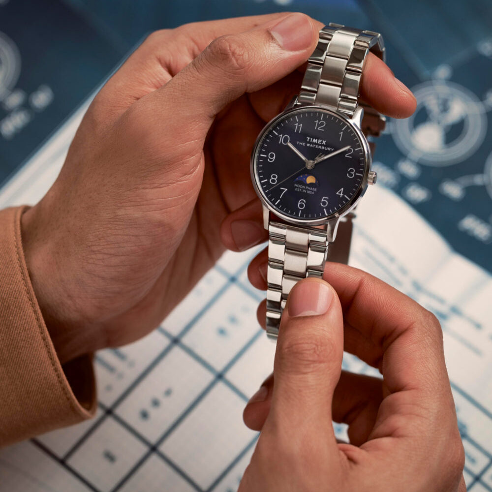 Waterbury Classic Moon Phase 40mm Stainless Steel Bracelet Watch