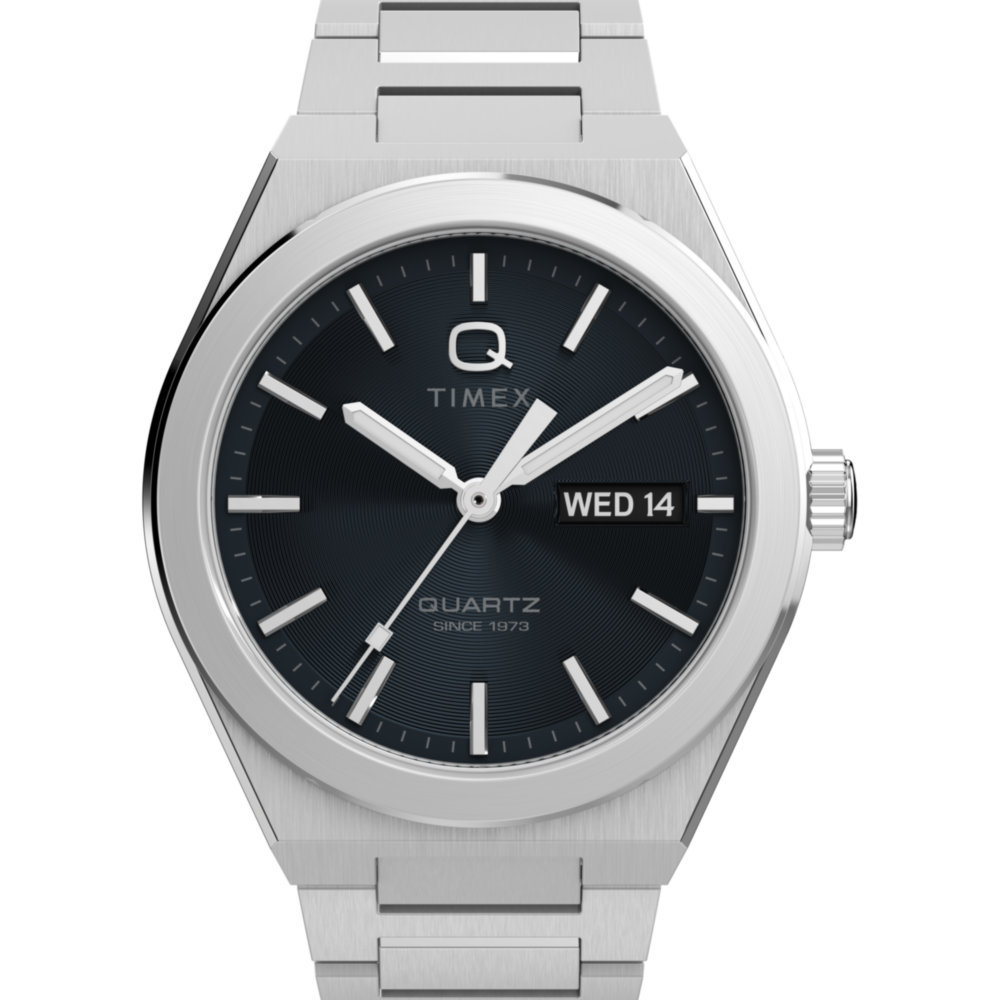 Q Timex® Continental Day and Date 39mm Stainless Steel Bracelet Watch
