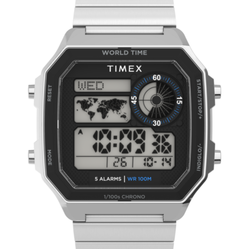 World Time Digital 40mm Stainless Steel Bracelet Watch